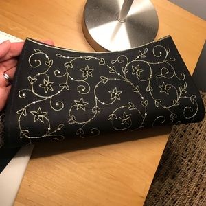 Black embroidered silk clutch